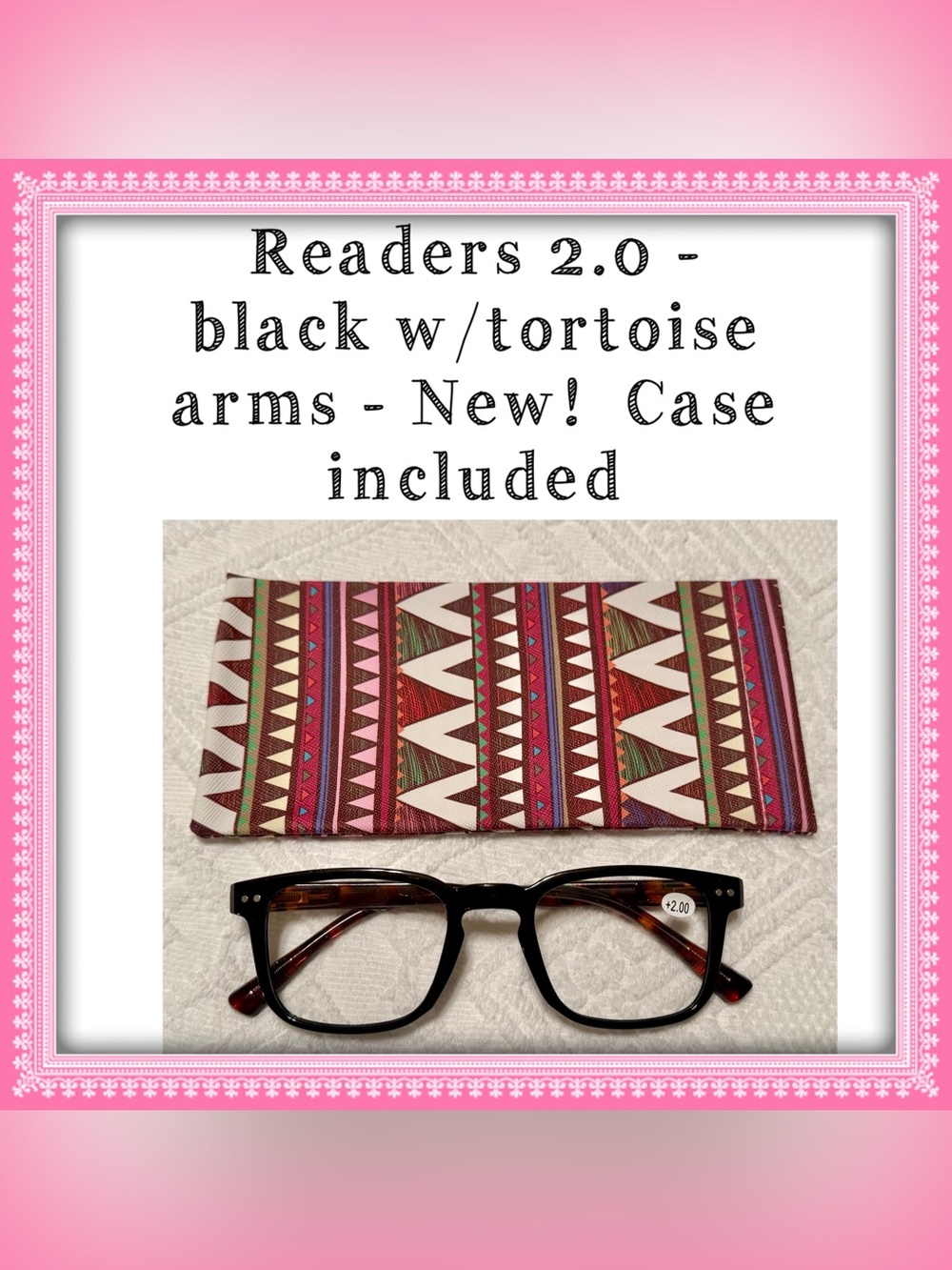 Reading eye glasses & case +2.0 mag - black frame w/tortoise arms - NEW!